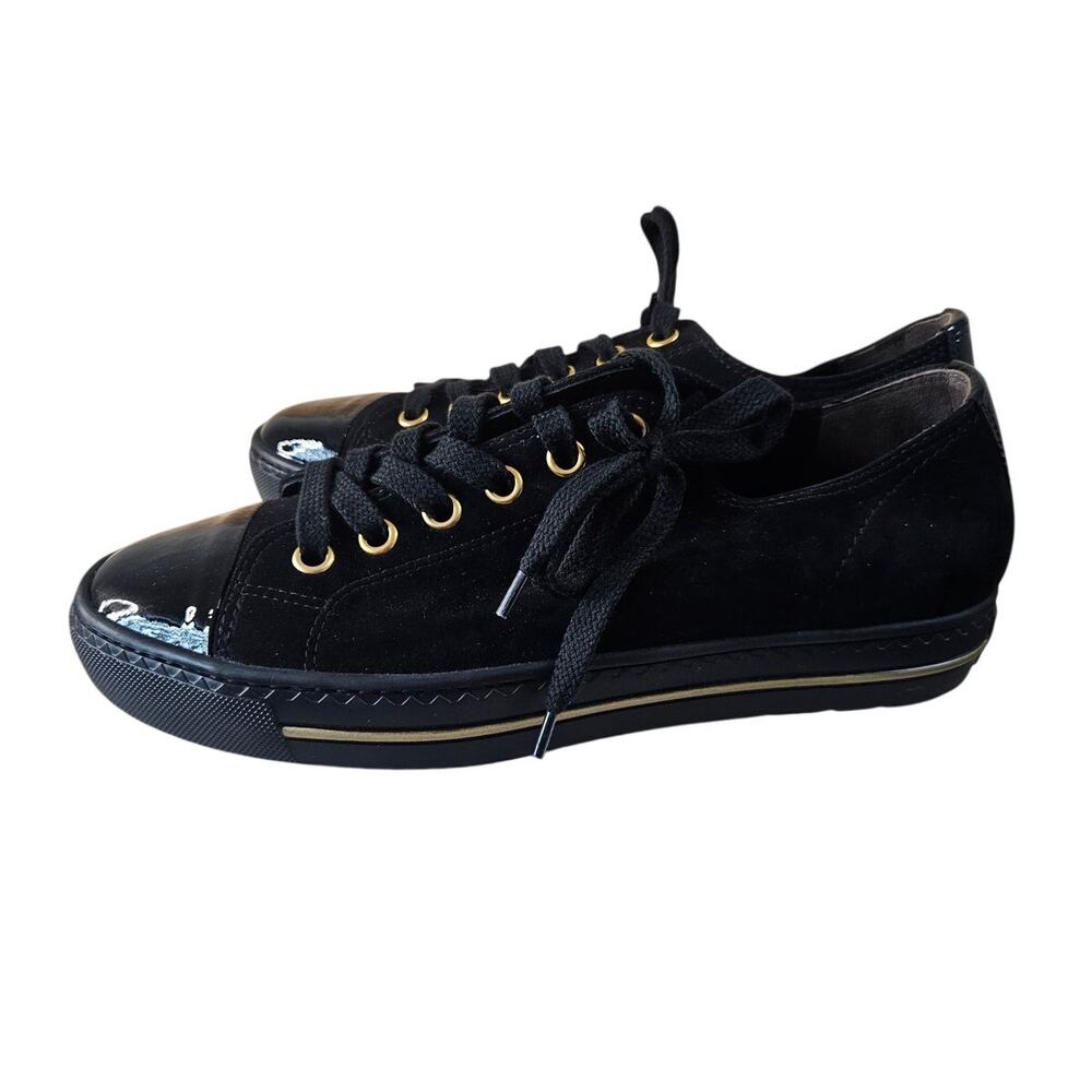 Paul Green Sophie Sneakers Black Gold Patent and Suede Leather US 9.5/ UK 7